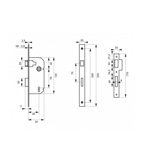 White mortice lock Thirard NF white steel faceplate, 40mm axis, 70mm centres, for bedroom - design handle