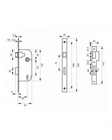 White mortice lock Thirard NF white steel faceplate, 40mm follower, 70mm centres, for bedroom - designer handle