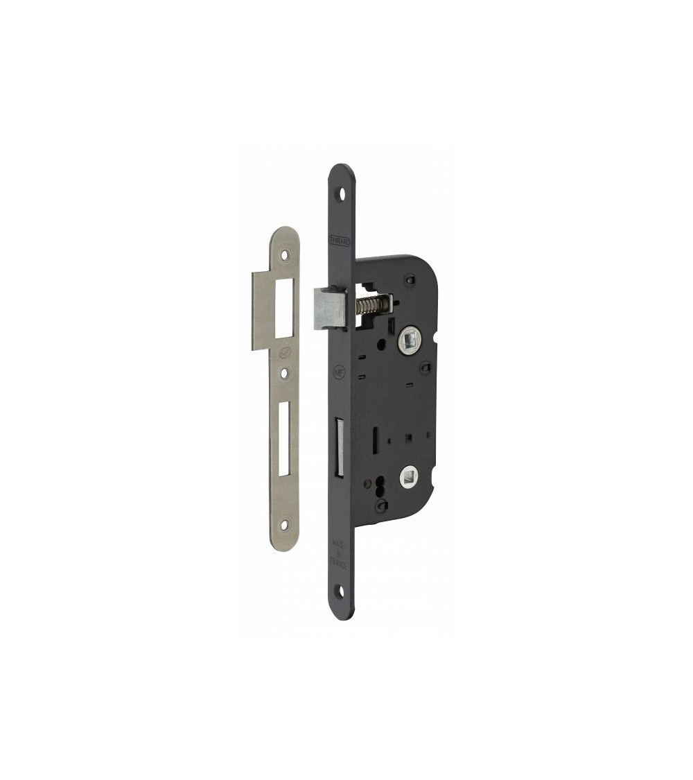 Black mortice lock Thirard NF black steel faceplate, 40mm follower, 70mm centres, for WC or bathroom - designer handle