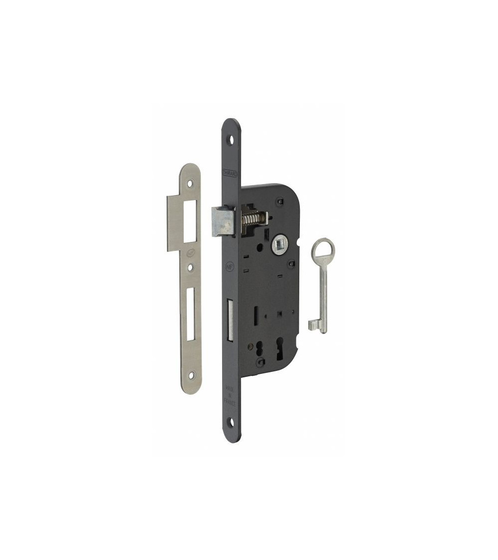Black mortice lock Thirard NF black steel faceplate, 40mm follower, 70mm centres, for bedroom - designer handle