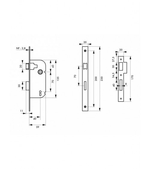 Black mortice lock Thirard NF black steel faceplate, 40mm follower, 70mm centres, for bedroom - designer handle