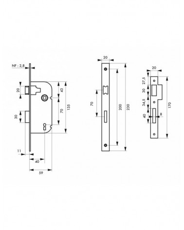 Black mortice lock Thirard NF black steel faceplate, 40mm follower, 70mm centres, for bedroom - designer handle