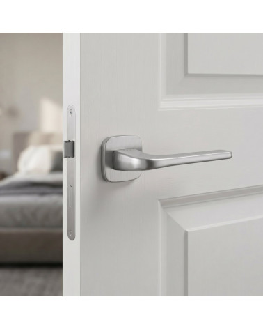 Door handle on rounded backplate brushed chrome finish Solo