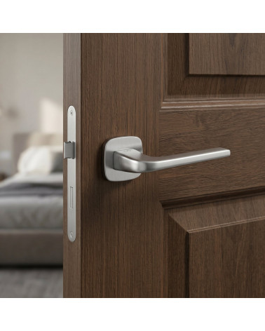 Door handle on rounded backplate brushed chrome finish Solo