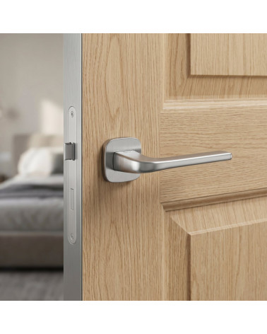 Solo door handle on rounded plate brushed chrome finish