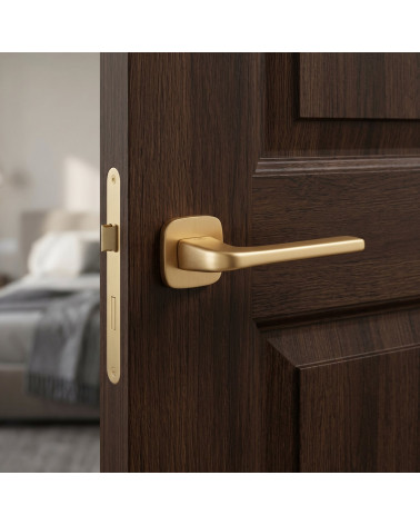 Solo door handle on rounded plate matt gold finish