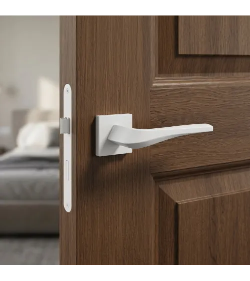 FLOW matt white door handle on square plate - designer hardware