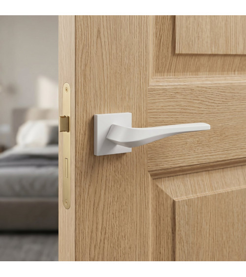 FLOW matt white door handle on square plate - designer hardware