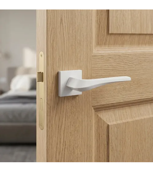 FLOW matt white door handle on square plate - designer hardware