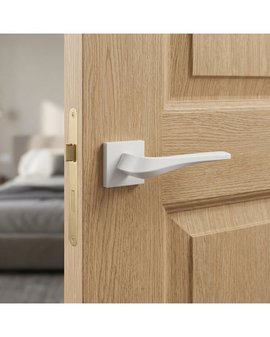 Matt white FLOW door handle on square backplate