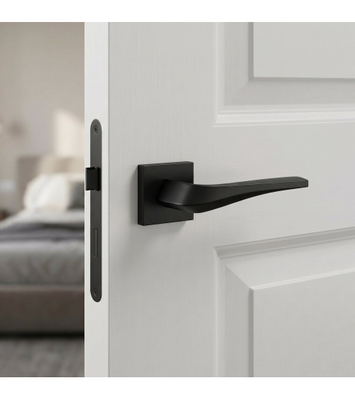 FLOW matt black door handle on square plate - designer handle