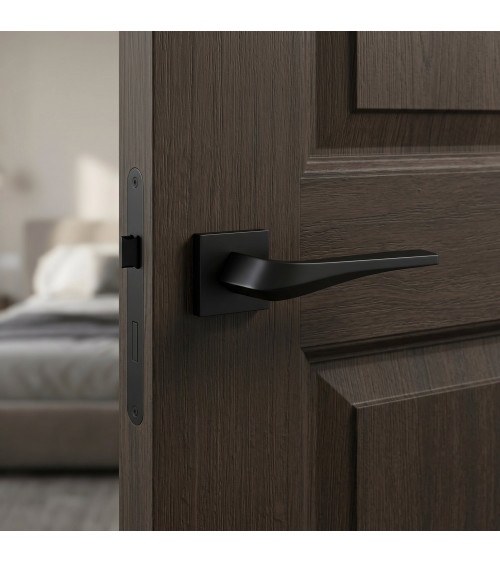 FLOW matt black door handle on square plate - designer handle