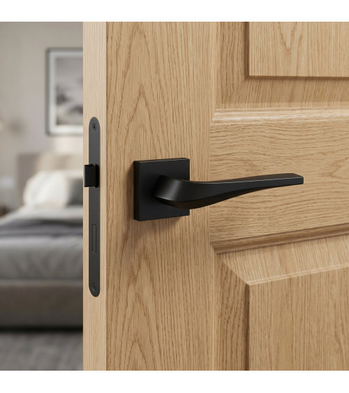 FLOW matt black door handle on square plate - designer handle