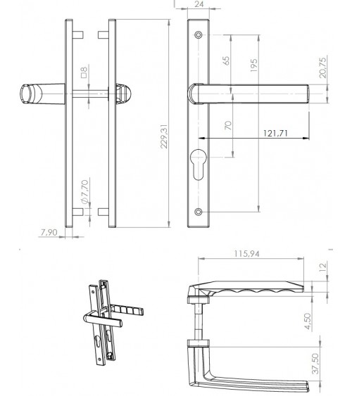 Handle for an exterior French window with reduced projection - BOSTON model - designer handle