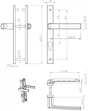 Handle for an exterior patio door with reduced projection - model BOSTON - designer handle