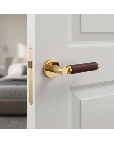 High-end polished gold and dark leather door handle TUPAI 4200/201 round - MillaPoignées
