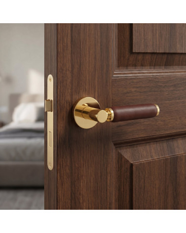 High-end polished gold and dark leather door handle TUPAI 4200/201 round - MillaPoignées