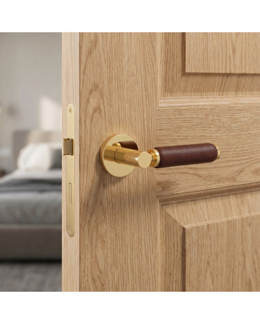 High-end polished gold and dark leather door handle TUPAI 4200/201 round - MillaPoignées