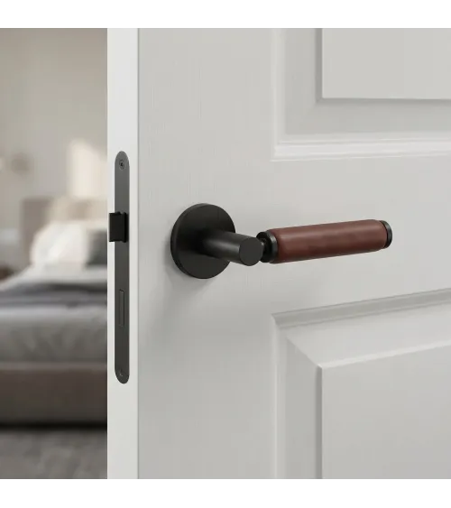 TUPAI 4200/201 round brass and dark leather door handle - designer handle