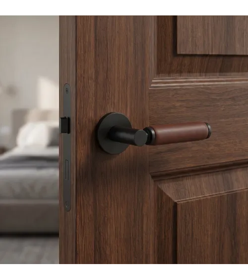 TUPAI 4200/201 round brass and dark leather door handle - designer handle