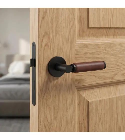TUPAI 4200/201 round brass and dark leather door handle - designer handle