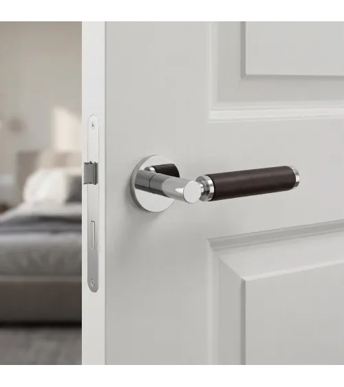 TUPAI 4200/201 round polished chrome door handle with dark leather - designer handle
