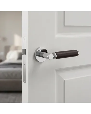 TUPAI 4200/201 round polished chrome and dark leather door handle - Millapoignees