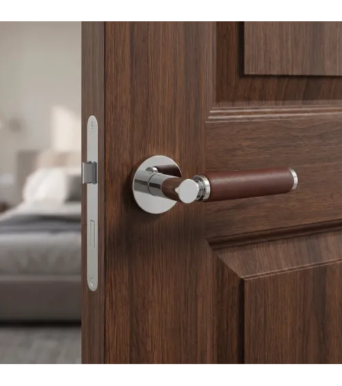 TUPAI 4200/201 round polished chrome door handle with dark leather - designer handle