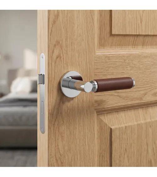 TUPAI 4200/201 round polished chrome door handle with dark leather - designer handle