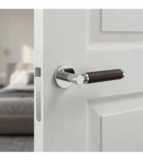 TUPAI 4200/201 round contemporary door handle with dark leather - designer handle