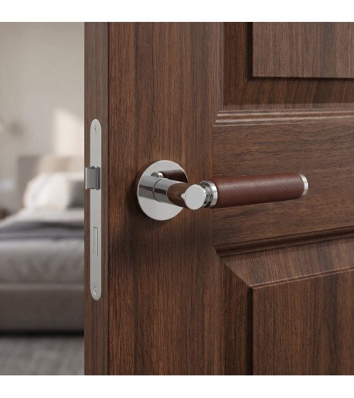 TUPAI 4200/201 round contemporary door handle with dark leather - designer handle
