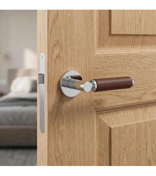 TUPAI 4200/201 round contemporary door handle with dark leather - designer handle