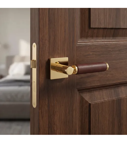 TUPAI 4200/201 square polished gold door handle with dark leather - designer handle