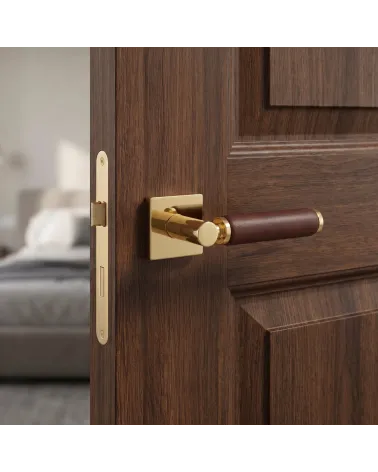 Premium Polished Gold and Dark Leather Door Handle TUPAI 4200/201 Square - Millapoignees