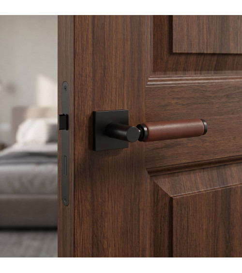 TUPAI 4200/201 square black door handle with dark leather - designer handle