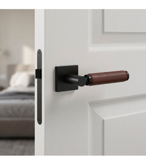 TUPAI 4200/201 square brass and dark leather door handle - designer handle
