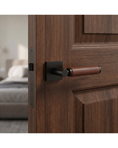 Square brass and dark leather door handle TUPAI 4200/201 - MillaPoignées