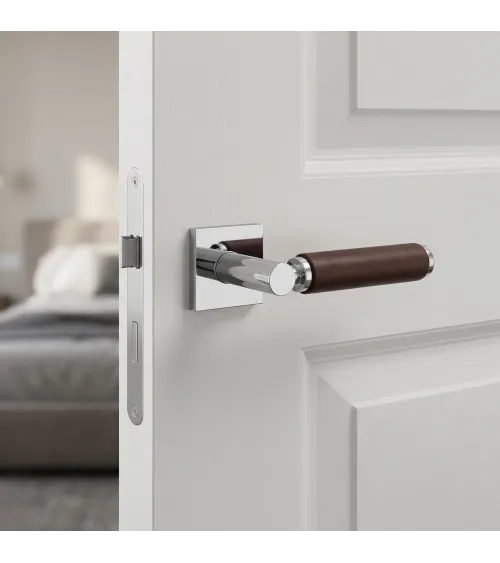 TUPAI 4200/201 square polished chrome door handle with dark leather - designer handle