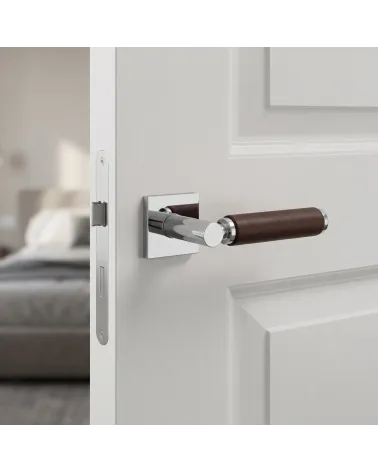Square polished chrome and dark leather door handle TUPAI 4200/201 - MillaHandles