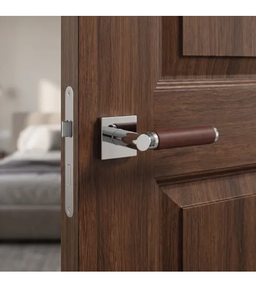 TUPAI 4200/201 square polished chrome door handle with dark leather - designer handle