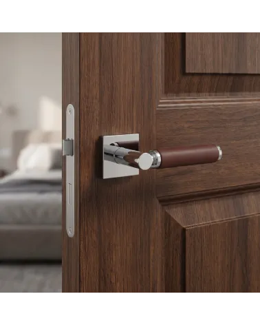 Square polished chrome and dark leather door handle TUPAI 4200/201 - MillaHandles