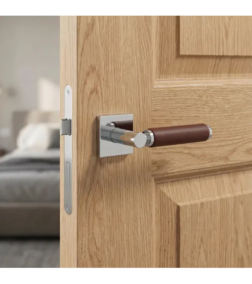 TUPAI 4200/201 square polished chrome door handle with dark leather - designer handle