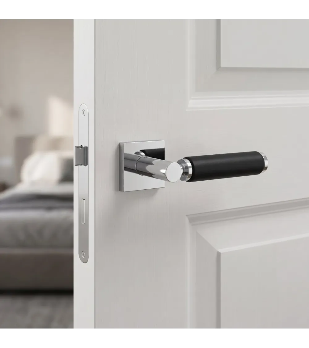 TUPAI 4200/202 square premium polished chrome and black leather door handle - Millapoignees