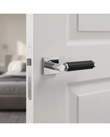 TUPAI 4200/202 square premium polished chrome and black leather door handle - Millapoignees