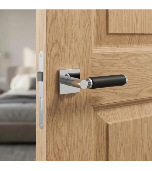 TUPAI 4200/202 square premium polished chrome and black leather door handle - Millapoignees
