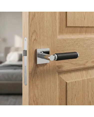 TUPAI 4200/202 square premium polished chrome and black leather door handle - Millapoignees