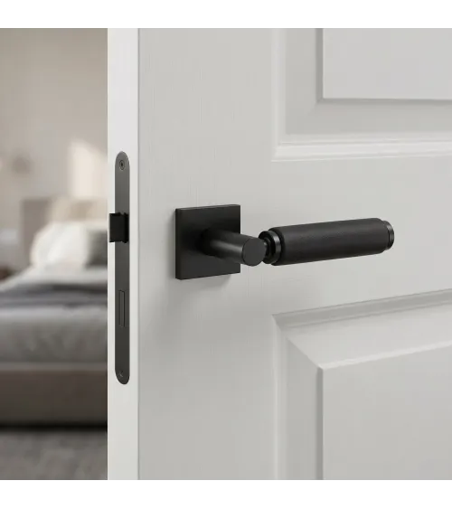 TUPAI 4200/202 square black door handle with black leather - designer handle