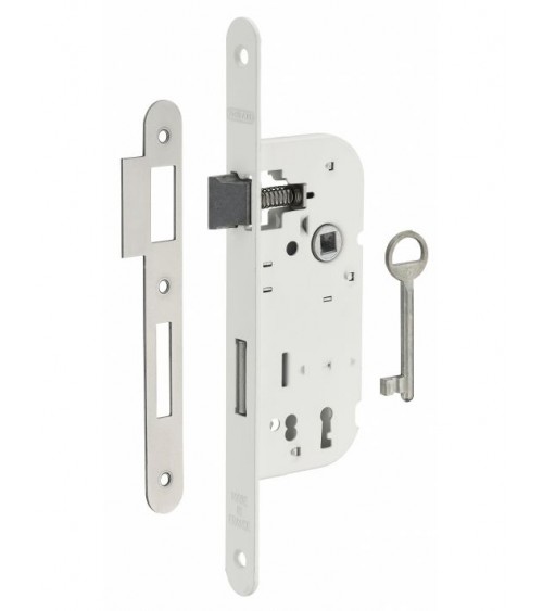 Thirard white mortice lock NF white steel faceplate, 50mm spindle, 70mm centres, for bedroom - designer handle