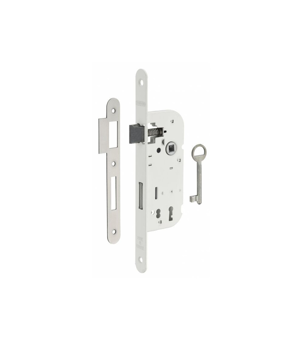 Thirard white mortice lock NF white steel faceplate, 50mm spindle, 70mm centres, for bedroom - designer handle
