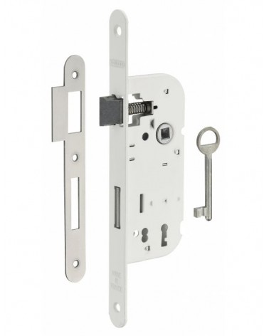 Thirard white mortice lock NF white steel faceplate, 50mm spindle, 70mm centres, for bedroom - designer handle